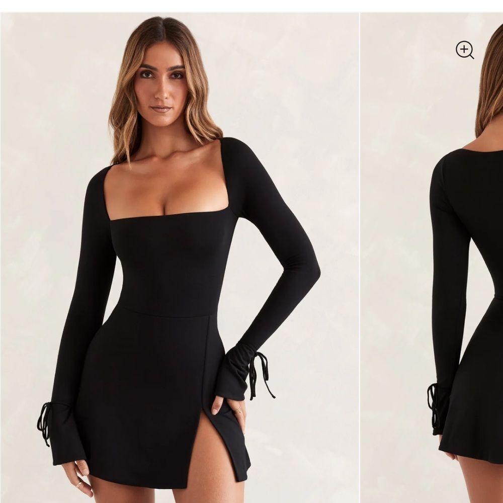 Oh Polly Baize 
Square Neck Long Sleeve Mini Dress in Black